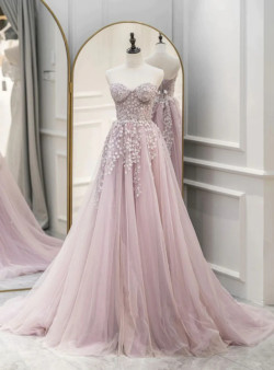 Fashion Pink Tulle Strapless Appliques Prom Dress